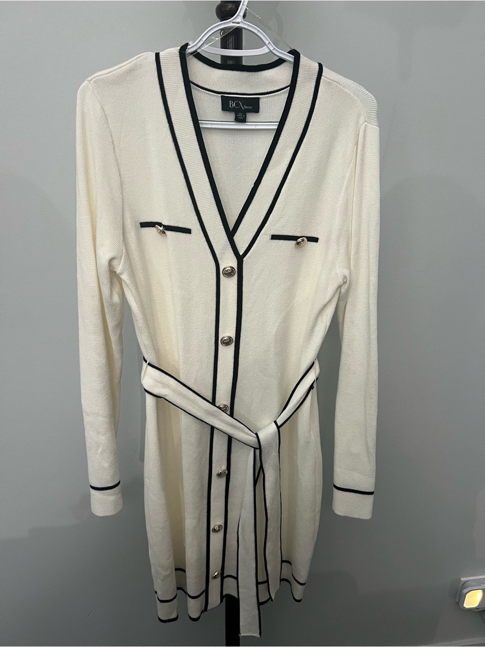 BCX Cream Long-Sleeve Knit Cardigan Dress with Black Trim